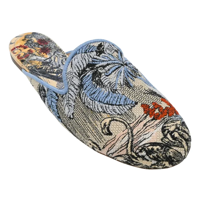 Dior Blue Toile de Jouy Tropical Embroidered Mules in Blue from Clotheshorse Anonymous