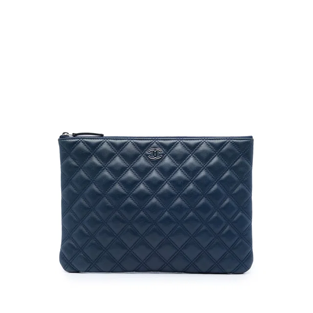 Blue Chanel Medium Quilted Lambskin Double Stitch O Case Clutch in Blue Lambskin from Designer Revival