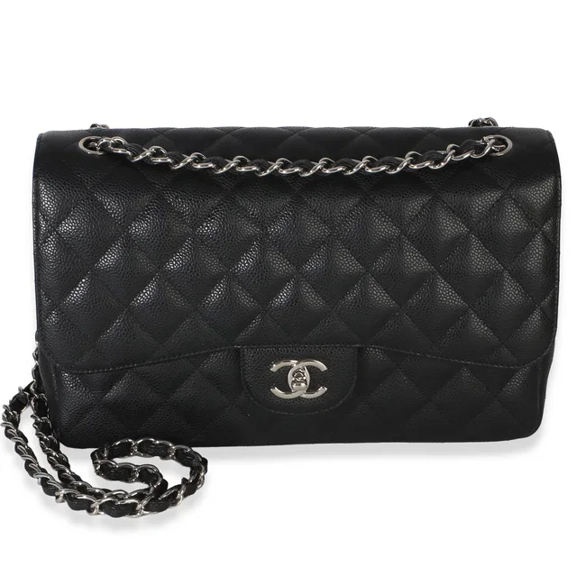 Chanel Black Quilted Caviar Jumbo Double Flap Handbag in Black Caviar leather from myGemma