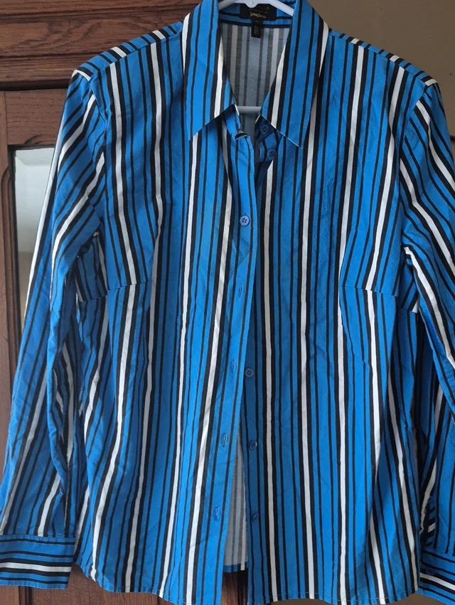 Escada And White Vertical Stripe Dress Shirt in blue|black from Poshmark, photo 1 of 1