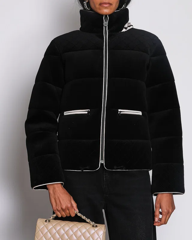 Chanel 13/C Black Velvet Coco Neige Quilted Puffer Coat Size FR 36 (UK 8) in Black Velvet from Sellier
