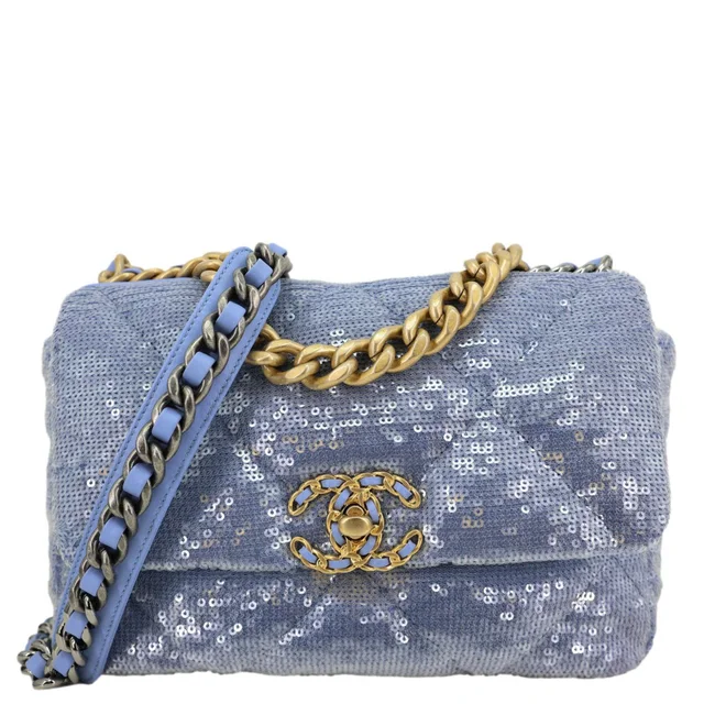 CHANEL 19 Medium Flap Quilted Sequin Shoulder Bag Blue in Blue from Dallas Designer Handbags