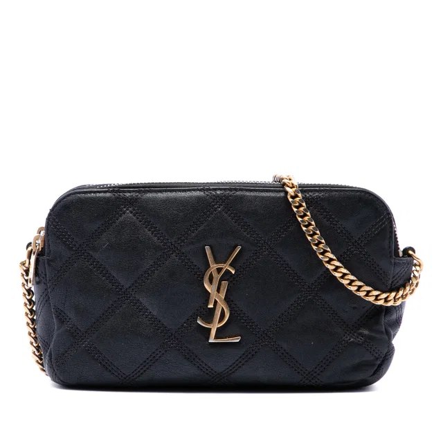 Black Saint Laurent Mini Quilted Lambskin Becky Double Zip Crossbody in Black Lambskin from Designer Revival