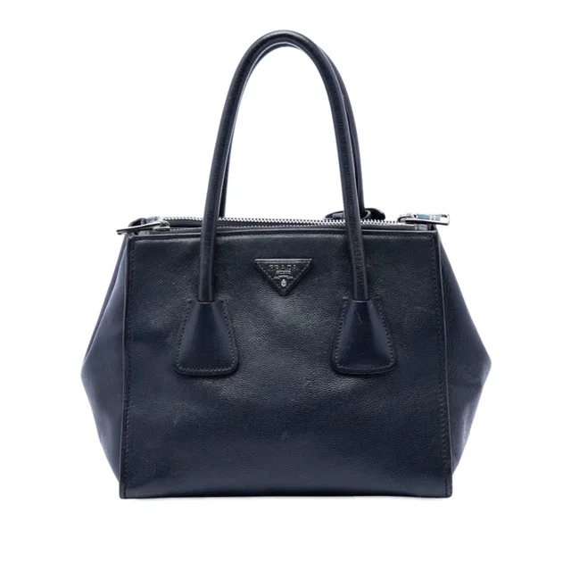 Blue Prada Glace Calf Twin Pocket Double Handle Satchel in Blue Leather from Designer Revival