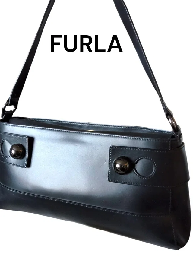 Furla Vintage Black Smooth Leather Shoulder Bag Gunmetal Studs Made In Italy Y2k in black|gray Leather from Poshmark
