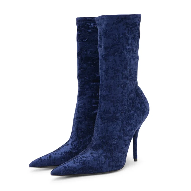 Balenciaga Crushed Velvet Knife Boots 40 in Blue Velvet from Blue Spinach