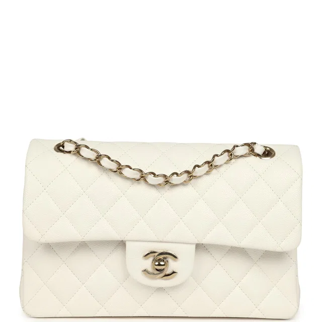 Chanel Small Classic Double Flap Bag Off White Shiny Caviar Light Gold Hardware in White Caviar leather from Madison Avenue Couture