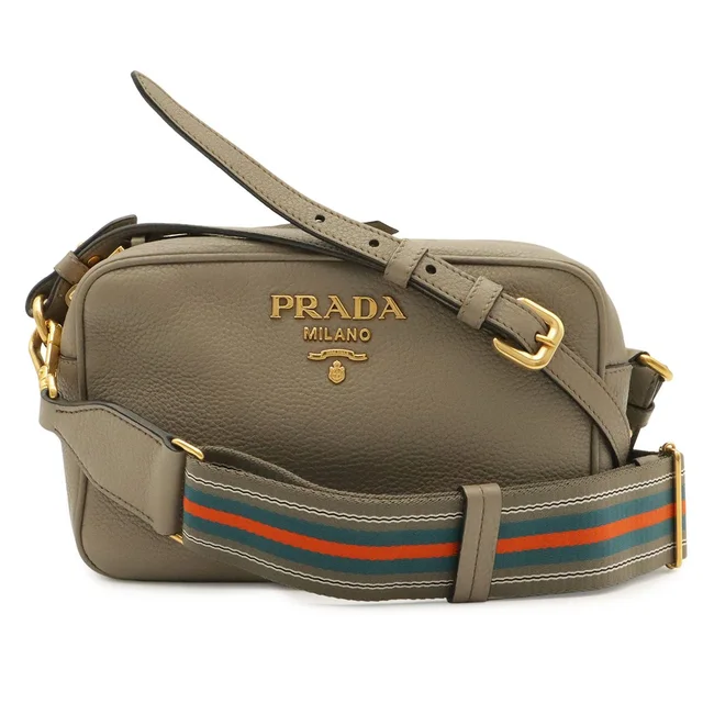 Prada Logo Vitello Daino Shoulder Bag Pochette 2-Way Clutch Striped Leather in Leather from The Reluxe