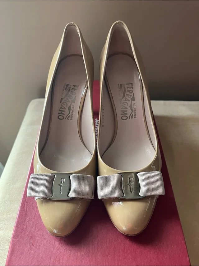 Ferragamo Nude Patent Leather Vara Bow Carla 70 Pumps in brown|neutral Patent leather from Poshmark