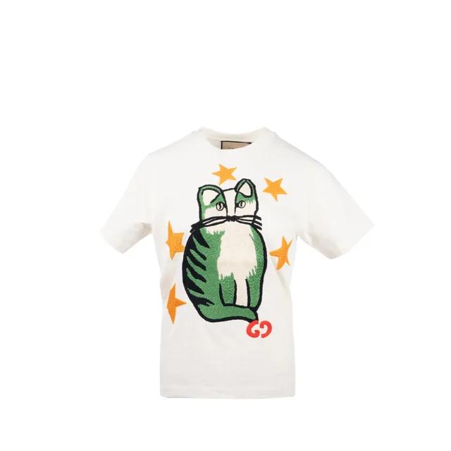 Gucci Size XS GG Logo/Cat/Star Embroidered T-shirt Cotton White/Multicolour in White from EMIER