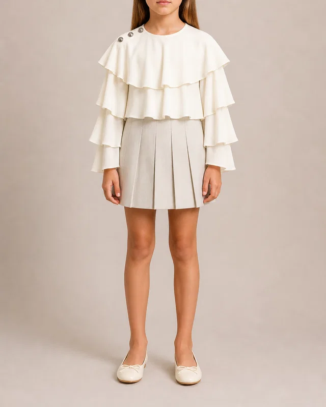 Balmain Kids White Cropped Ruffle Silk Top with Silver Buttons Size 10 years in White Silk from Sellier
