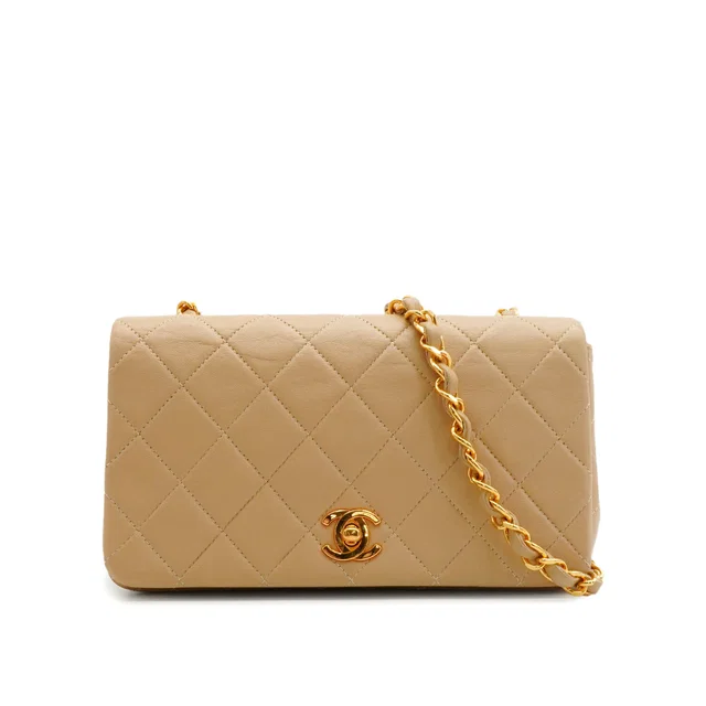 Chanel Vintage Full Flap Chain Shuolder Bag Beige Lamb Skin Gold Hardware in Beige from Luxury Promise