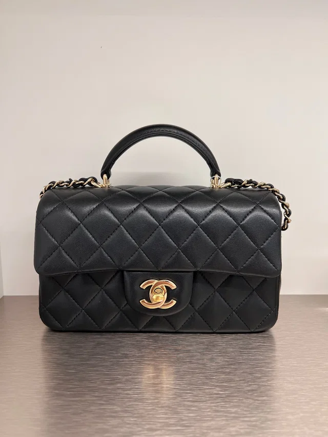 Chanel Top Handle Mini Rectangle Black Lambskin LGHW - Preloved in Black Lambskin from Luxury Promise