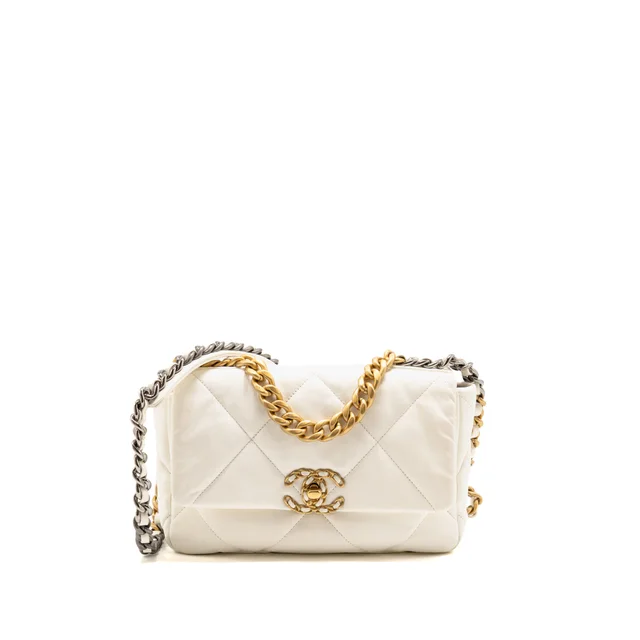 Chanel small 19 bag lambskin white multicoloured hardware (microchip) in White Lambskin from EMIER