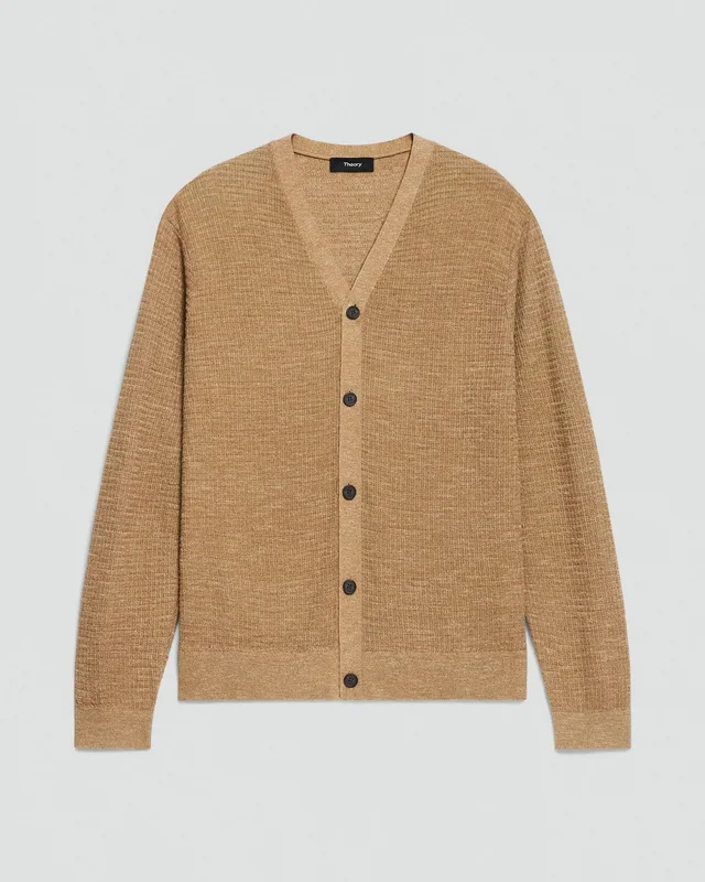 Theory V-Neck Cardigan in Pacific Linen in FRESH KHAKI 65% Linen, 23% Cotton, 12% Polyester; Exclusive Of Elastic, photo 7 of 14 from Theory