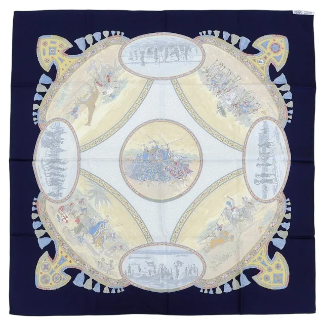 Hermès Carré 90 Cavaliers Peuls Pattern Scarf Navy/Multi in Navy Silk from VINTAGE QOO TOKYO, photo 10 of 10
