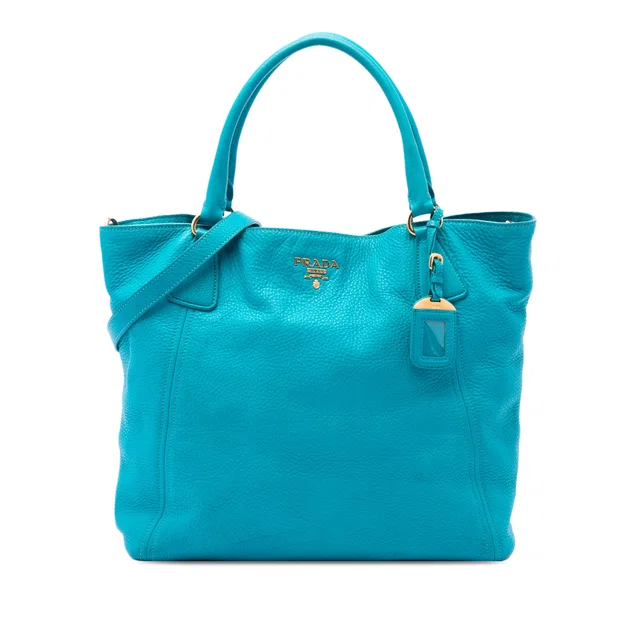 Blue Prada Vitello Daino Open Convertible Tote Satchel in Blue Leather from Designer Revival