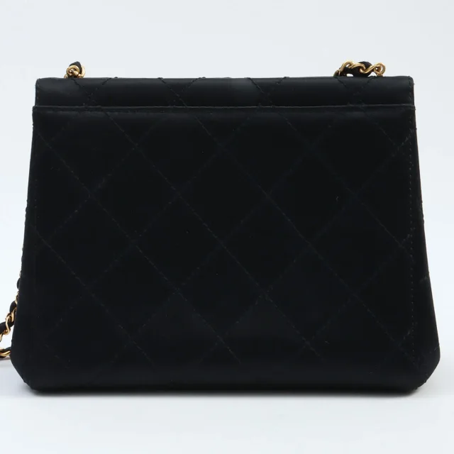 Chanel Ca. 1998 Silk Satin Matelassé Stitch CC Turn-Lock Chain Bag Black in Black Satin from VINTAGE QOO TOKYO, photo 2 of 12