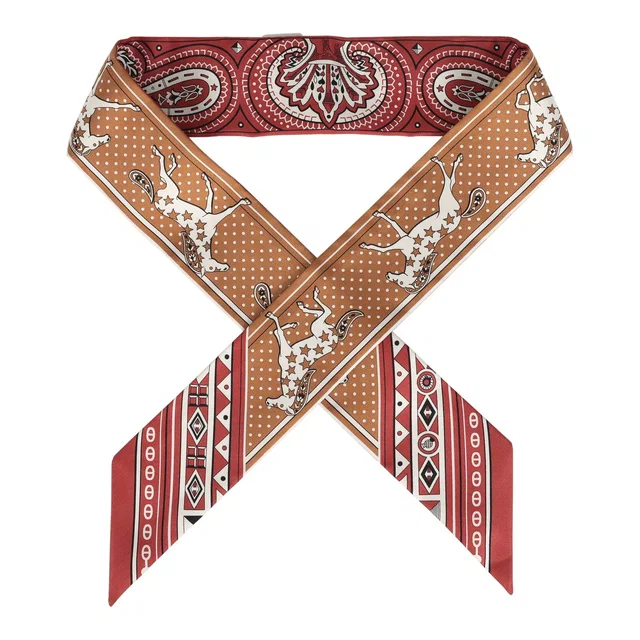Hermès "Cheval De Coeur Bandana" Caramel, Terre De Sienne and Blanc Multi Silk Twilly Pair in White Silk from Madison Avenue Couture