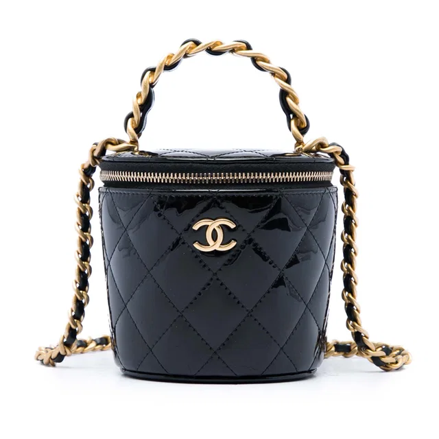 Black Chanel Quilted Patent Afternoon Tea Top Handle Vanity Case with Chain Satchel in Black Patent leather from Designer Revival