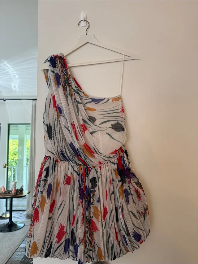 One-Shoulder Saint Laurent Floral Pleated Mini Dress In White in red|white from Poshmark