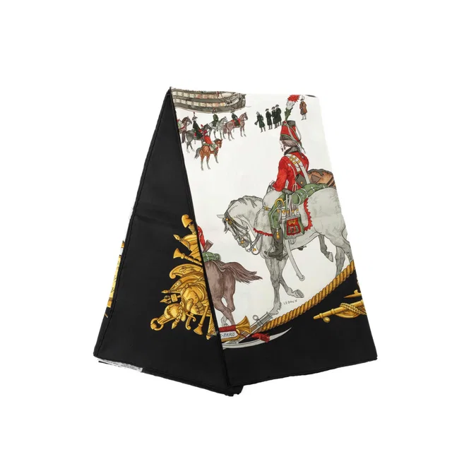 Black Hermès Marine et Cavalerie Silk Scarf 90 Scarves in Black Silk from Designer Revival