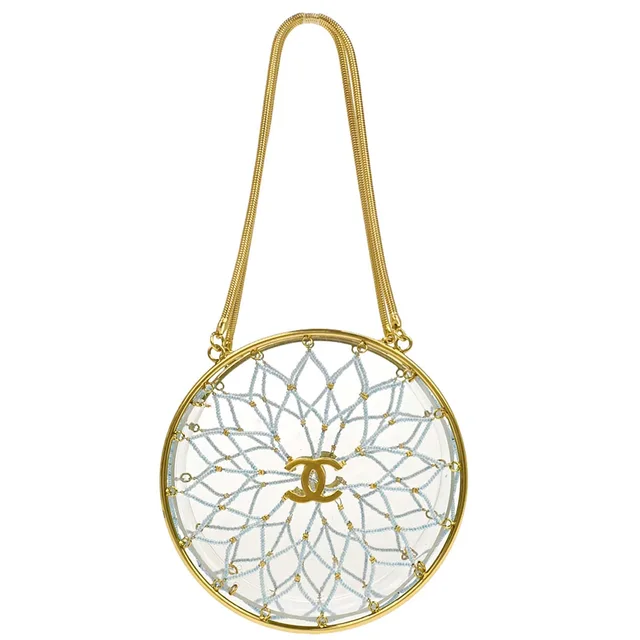 Chanel Clear Acrylic Minaudiere Dreamcatcher Beaded Gold Round Circle Bag in Gold Resin from AMORE Vintage Tokyo