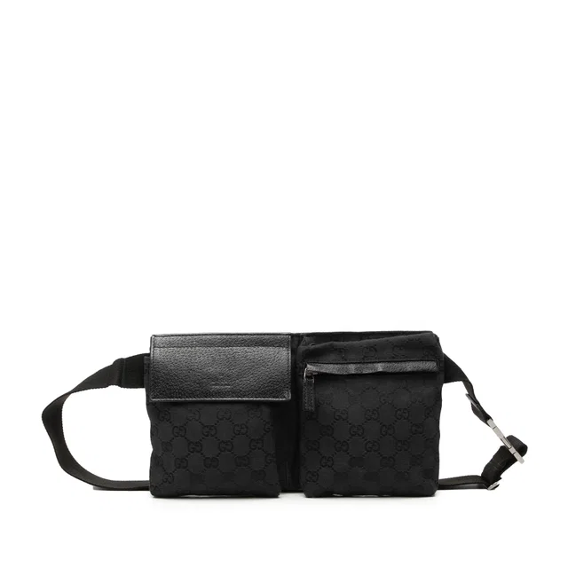 Black Gucci GG Canvas Double Pocket Belt Bag in Black Canvas from Designer Revival