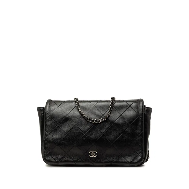 Black Chanel CC Quilted Lambskin Full Flap Wallet on Chain Crossbody Bag in Black Lambskin from Designer Revival