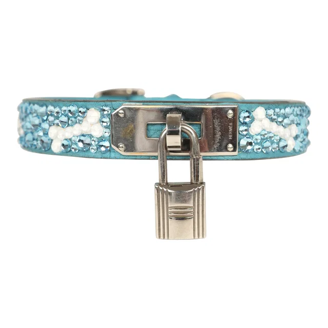 Custom Multicolored Swarovski Crystal Vintage Hermes Kelly Dog Collar Medium Blue Jean… in Blue Clemence leather from Madison Avenue Couture