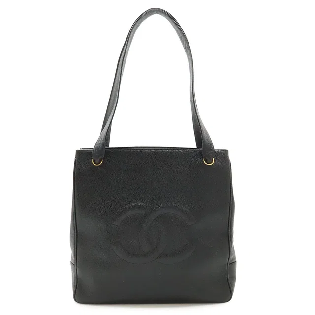Chanel CC Logo Tote Shoulder Bag Caviar Leather Black Gold in Black Caviar leather from The Reluxe