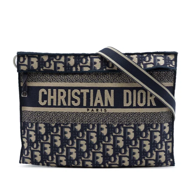 Blue Dior Oblique Canvas Flat Crossbody in Blue Canvas from Designer Revival