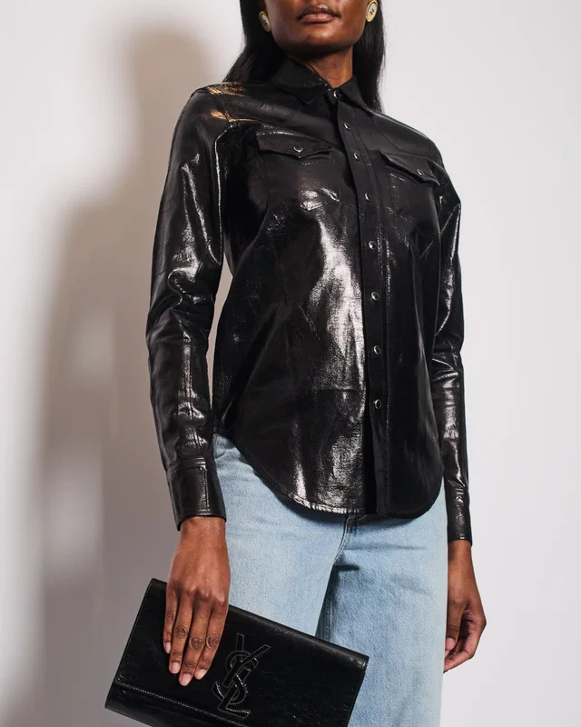 Saint Laurent Black Vinyl Longsleeve Shirt with Pocket Detail Size S (UK 8) in Black from Sellier