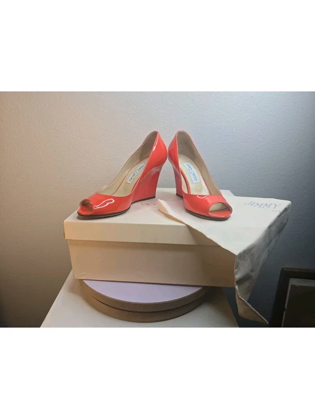 Jimmy Choo "Baxen" Coral Orange Patent Leather Peep Toe Wedge Pumps Size 35.5 in orange Patent leather from Poshmark