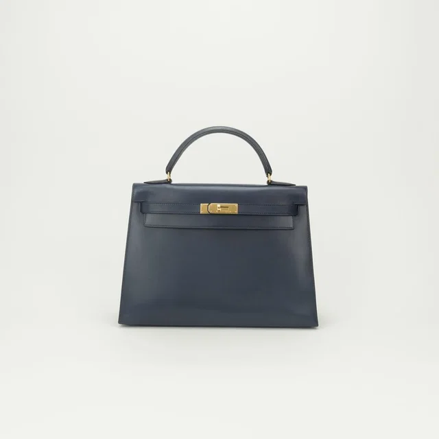 Hermès Kelly 32 Tote Shoulder Bag Box Calf Blue Gold 2-Way in Blue Box leather from The Reluxe