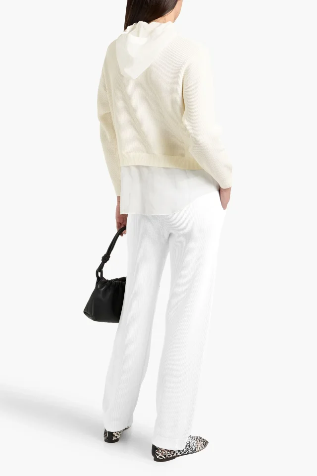 Brunello Cucinelli Layered Ribbed Cotton and Gauze Hoodie in White, photo 3 of 5 from THE OUTNET