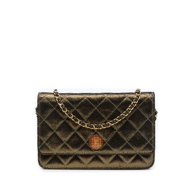 Gold Chanel Quilted Iridescent Lambskin Tartan Button Wallet On Chain Crossbody Bag in Gold Lambskin from Designer Revival