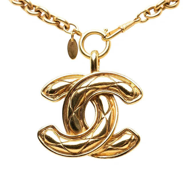Gold Chanel CC Gold Plated Quilted Pendant Necklace in Gold from Designer Revival