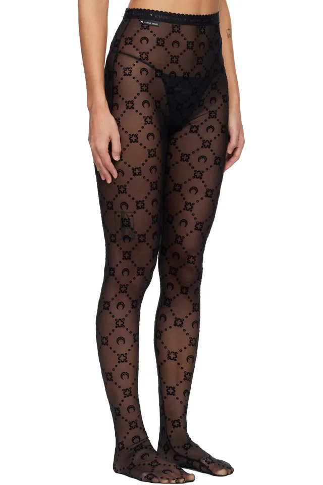 Marine Serre Black Moonogram Mesh Flock Tights, photo 2 of 3 from SSENSE