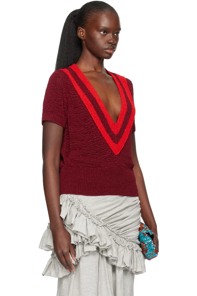 Dries Van Noten Burgundy V-Neck Knit Sweater, photo 2 of 4 from SSENSE