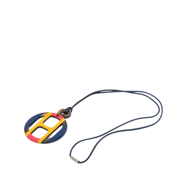 Blue Hermès Buffalo Horn H Equipe Pendant Necklace in Blue Leather from Designer Revival