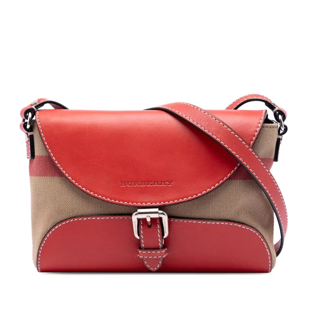 Red Burberry Leather and House Check Canvas Henham Crossbody in Red Canvas from Designer Revival