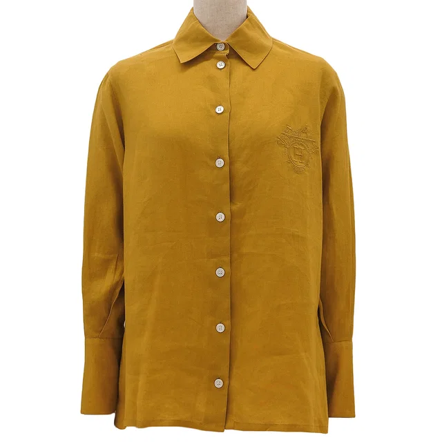 Hermès H logo embroidered linen embroidery #34 Mustard in Yellow from VINTAGE QOO TOKYO
