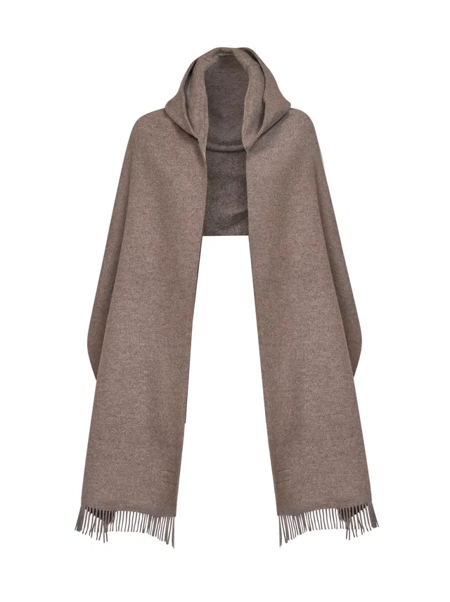 Brunello Cucinelli Hooded Knit Scarf — Brown Wool Scarfs in Brown Wool from HEWI