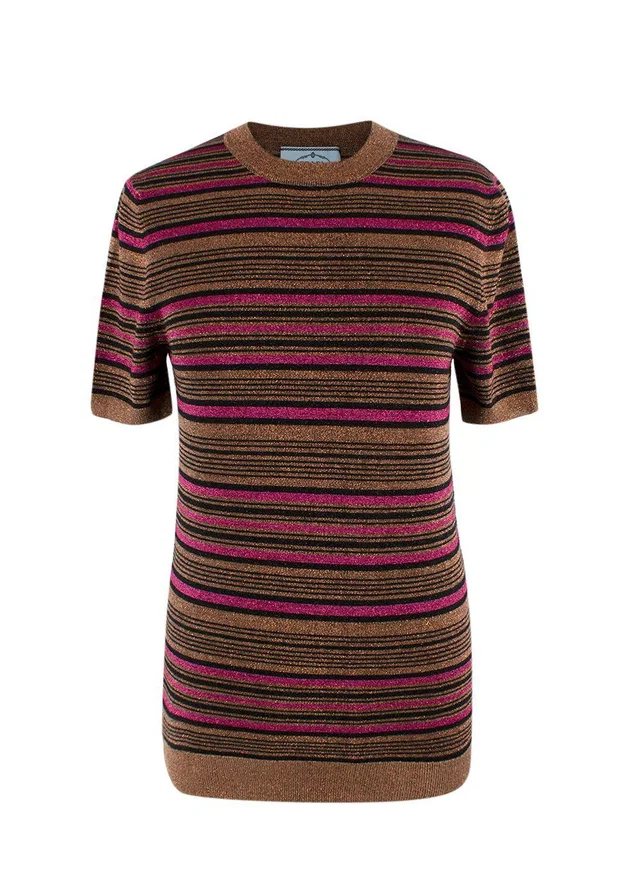 Prada Metallic Striped Short-Sleeve Crewneck Jumper in Wool from HEWI