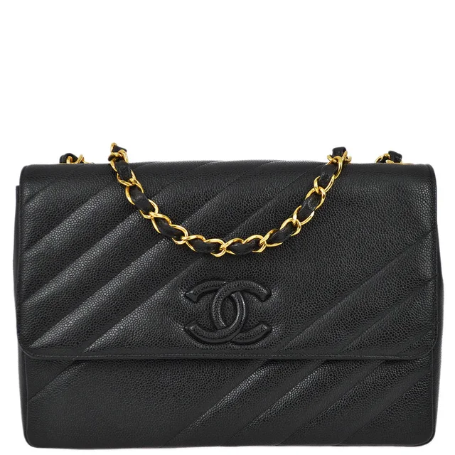 Chanel 1994-1996 Black Caviar Straight Flap Jumbo Shoulder Bag in Black Caviar leather from AMORE Vintage Tokyo