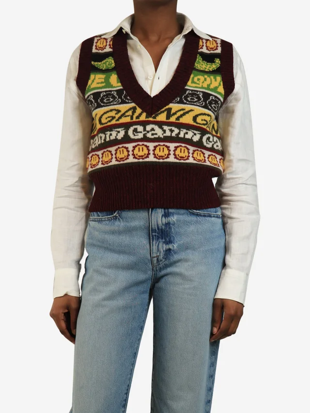 GANNI Burgundy smiley jumper vest - size S in Burgundy Wool from Sign of the Times