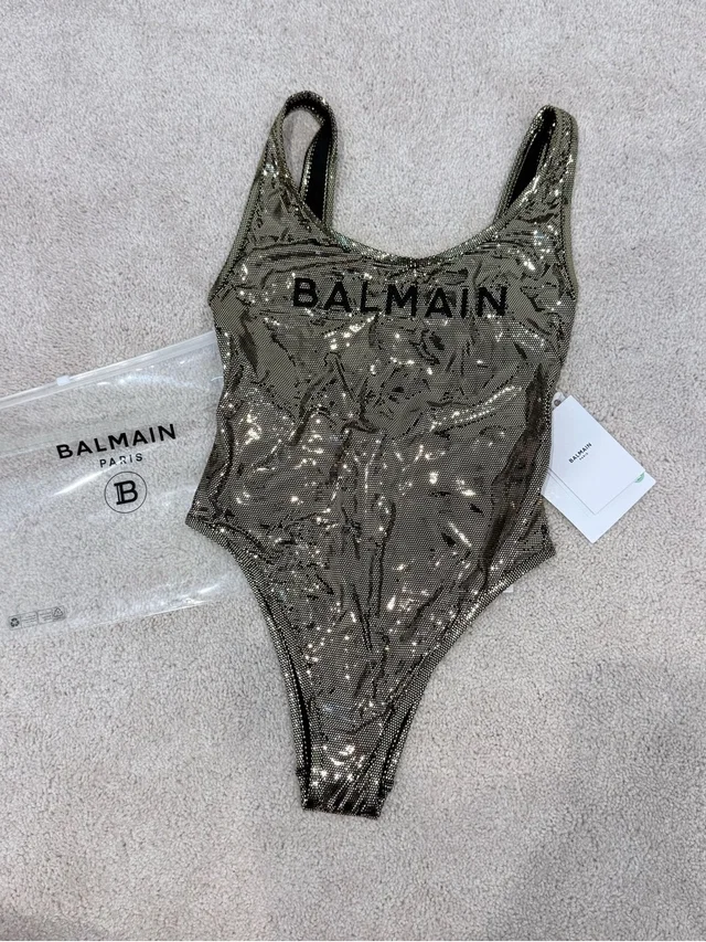Balmain Metallic Gold Sequin One-Piece Swimsuit in black|gold from Poshmark