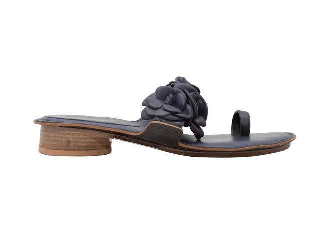 Navy Chanel Camellia Heeled Sandals Size 35 in Navy Leather from Designer Revival