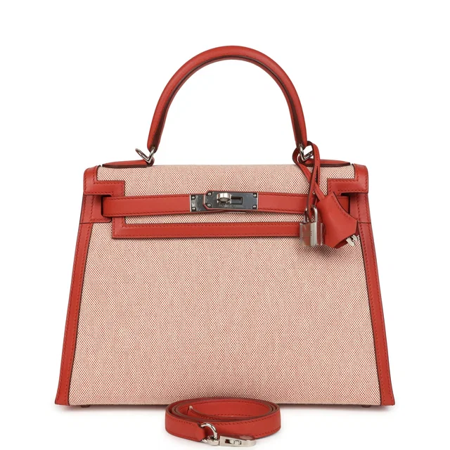 Hermès Kelly Sellier 28 Sanguine Swift and Ecru-Sanguine Toile H Canvas Palladium Hardware in Swift leather from Madison Avenue Couture